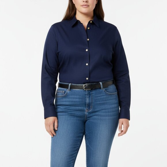 Ralph Lauren 100% Linen Navy Blue Long Sleeve Button Up Top Shirt Blouse 1X Plus - Picture 1 of 6